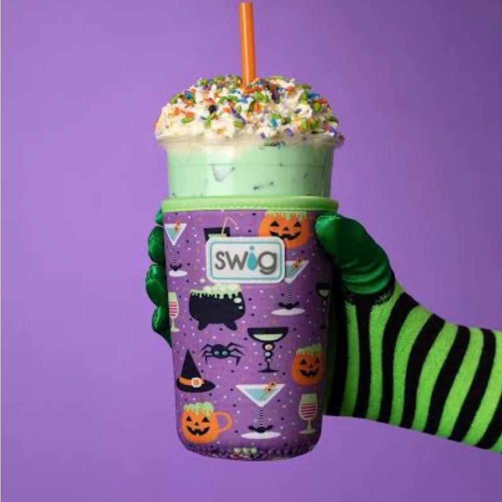Swig Halloween Cup Holder - Purple and Green Ice coffee